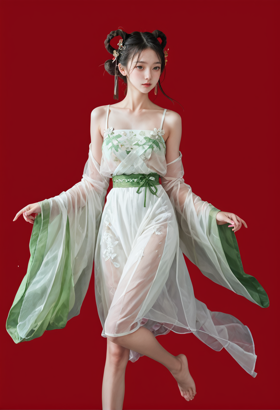 29435-2549547373-red background,1girl,solo,barefoot,hair ornament,hair rings,,ruanyi0756,hanfu,see-through,white dress,green wide sleeves,bare sh.png